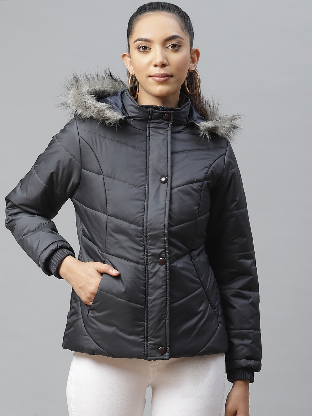 Buy Fort Collins Women Charcoal Grey Solid Lightweight Detachable Hood Parka Jacket Jackets