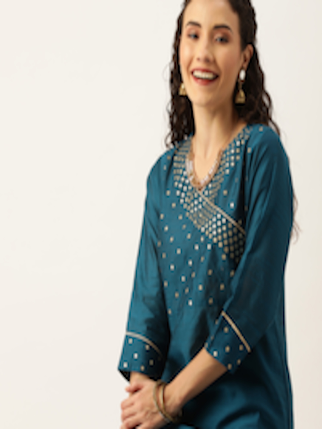 Buy Varanga Women Teal Blue Sequined Yoke Design Angrakha Kurta With ...