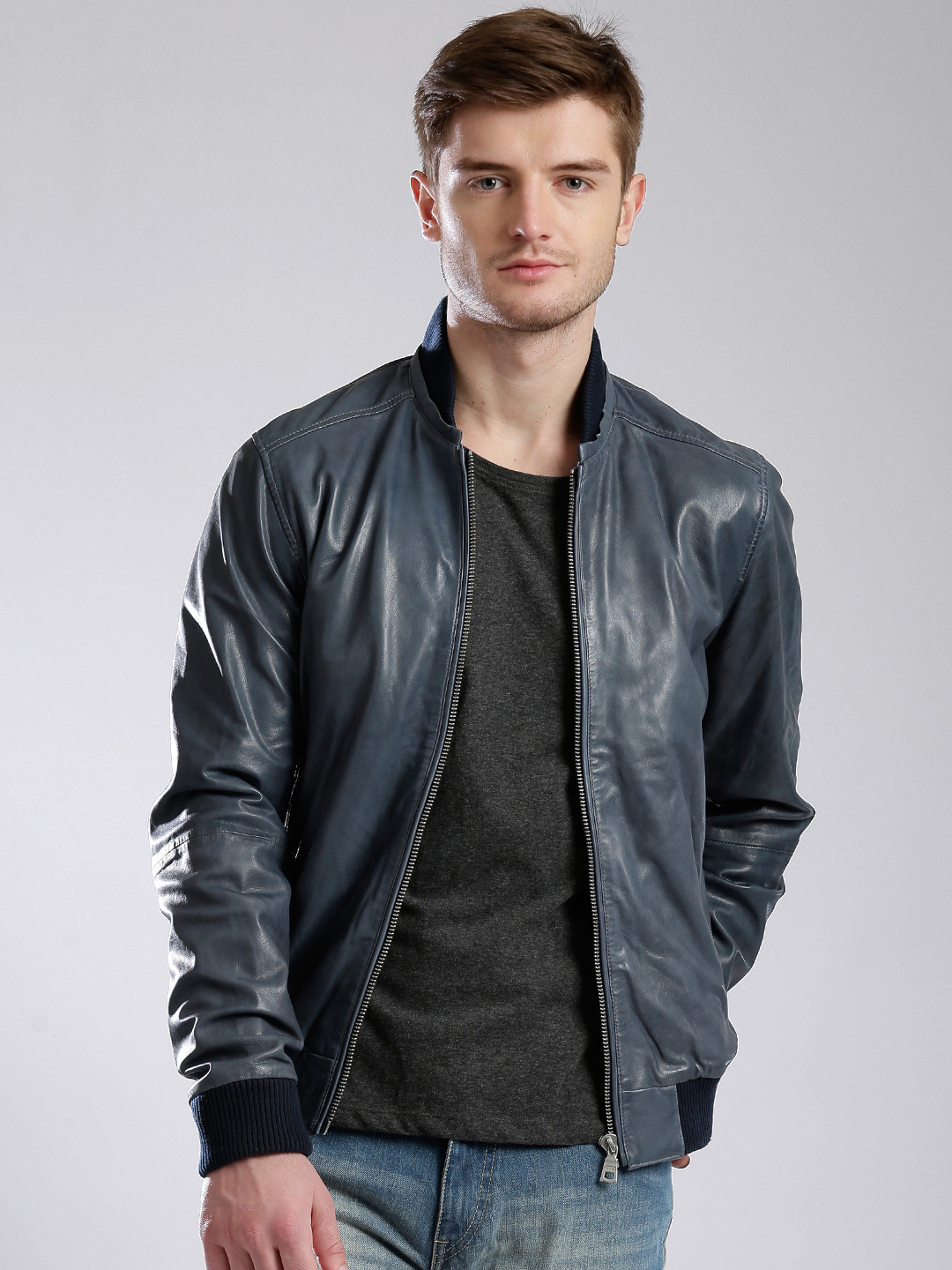 Buy GAS Blue Leather Slim Fit Jacket Jackets for Men 1254858 Myntra
