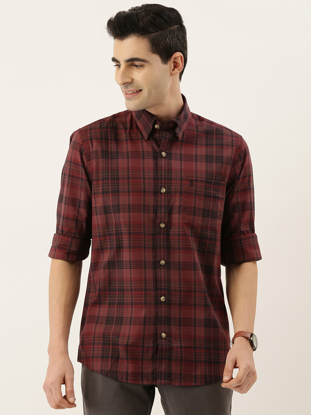 Buy Burnt Umber Men Maroon & Black Comfort Slim Fit Checked Casual Shirt - Shirts for Men 