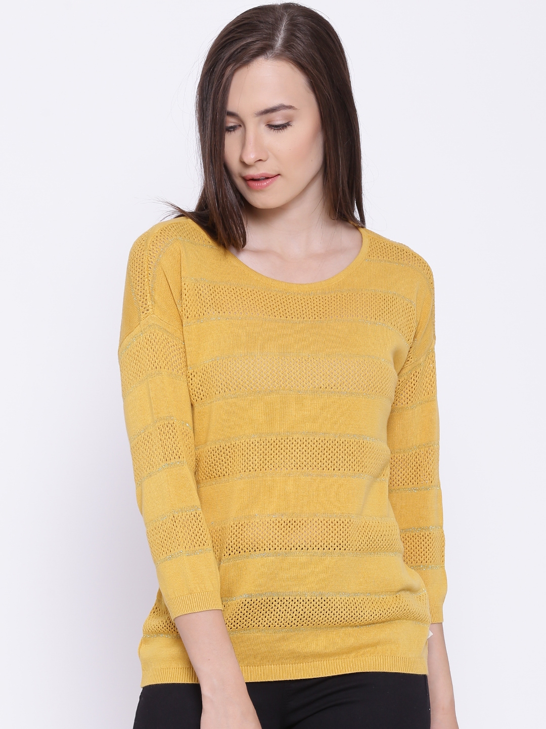 Buy United Colors Of Benetton Mustard Yellow Self Striped Shimmer Top ...