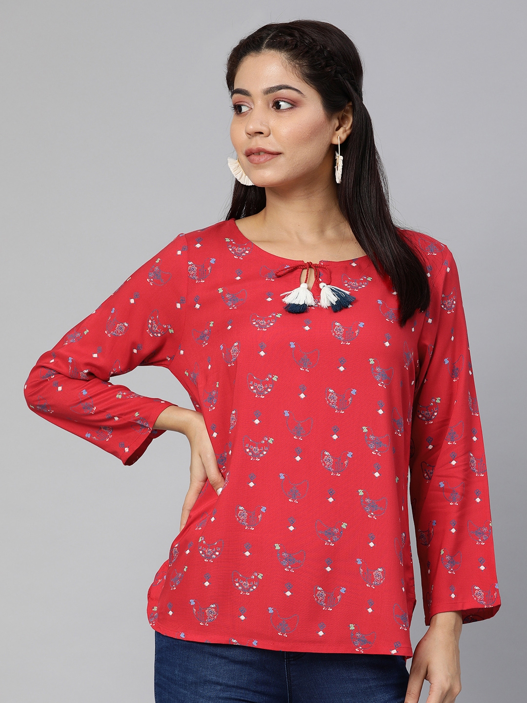 Buy Global Desi Women Red & Blue Conversational Printed Top With Neck ...