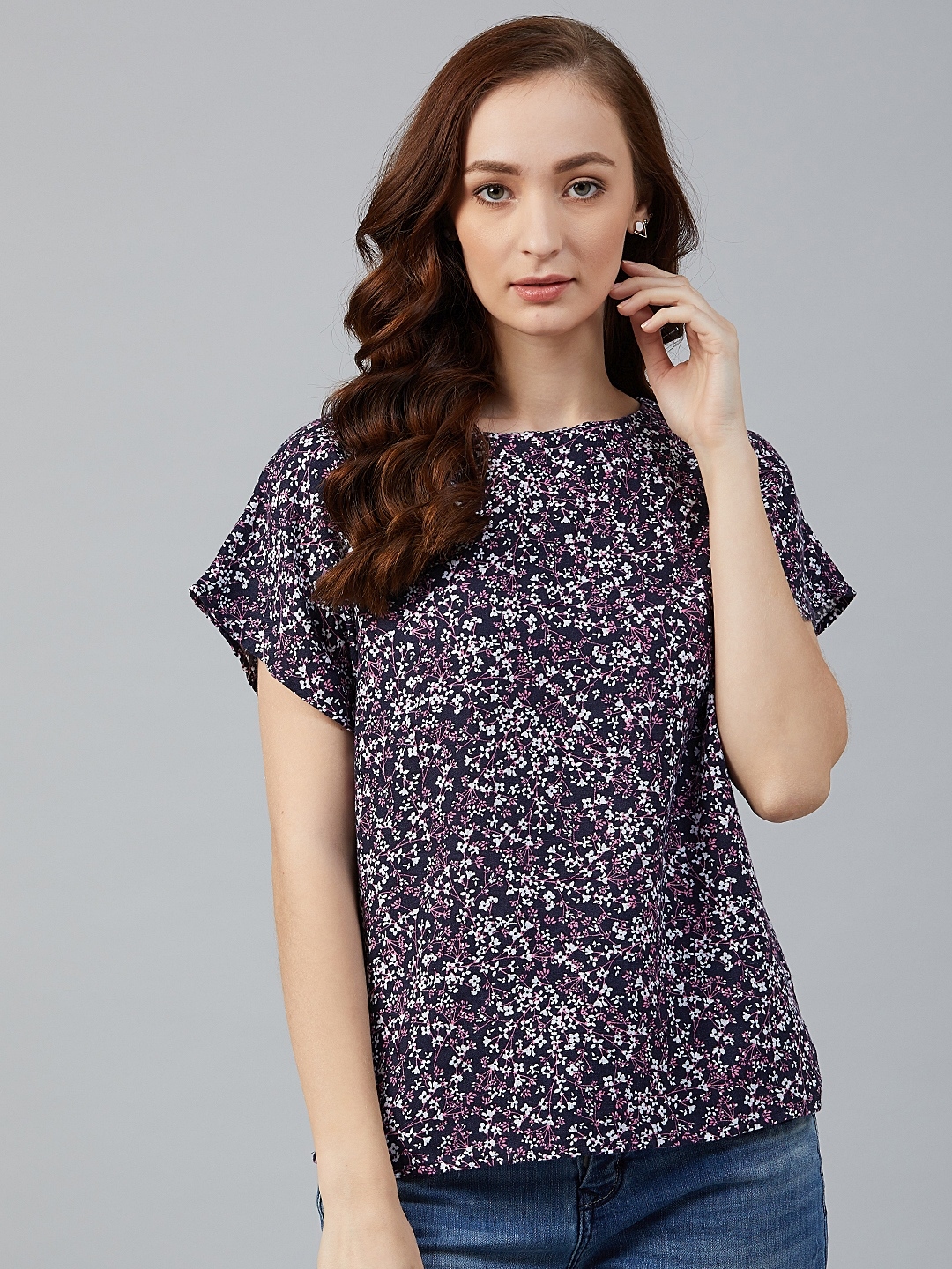 Buy Marks & Spencer Women Navy & Pink Floral Print Top - Tops for Women ...