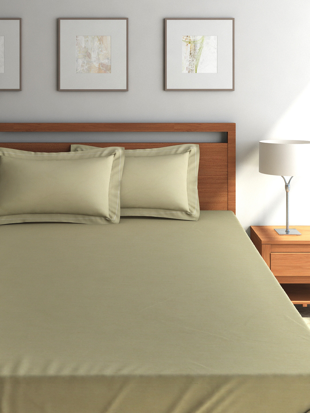 Buy Portico New York Beige 300 TC Cotton Double Bedsheet With 2 Pillow