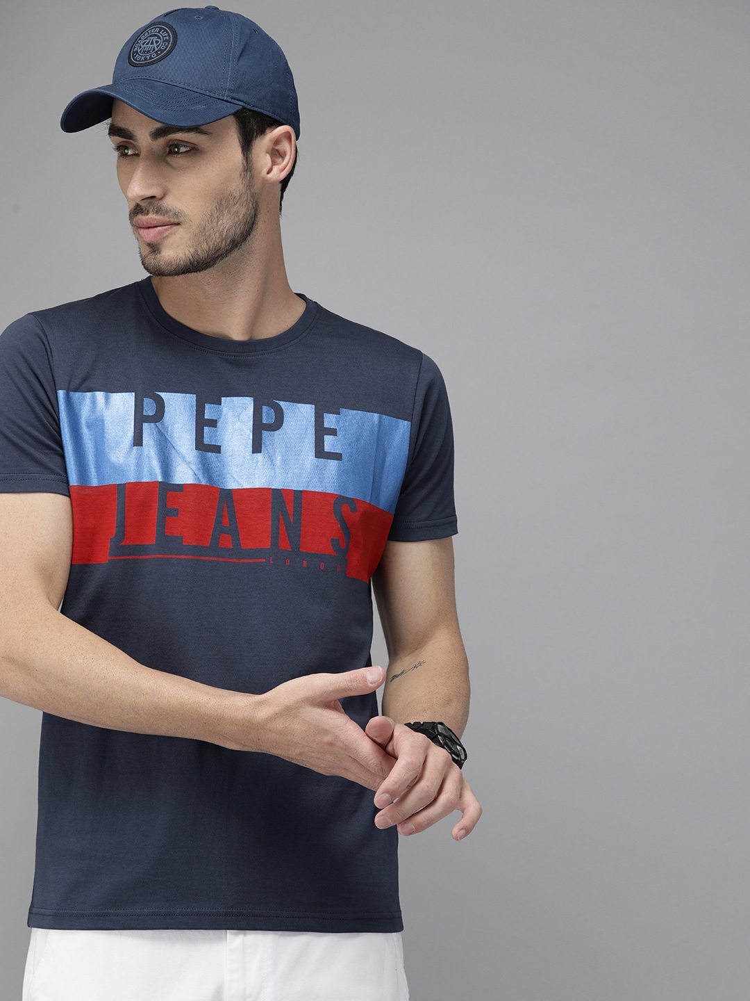 Buy Pepe Jeans Men Navy Blue Printed Round Neck Pure Cotton T Shirt ...