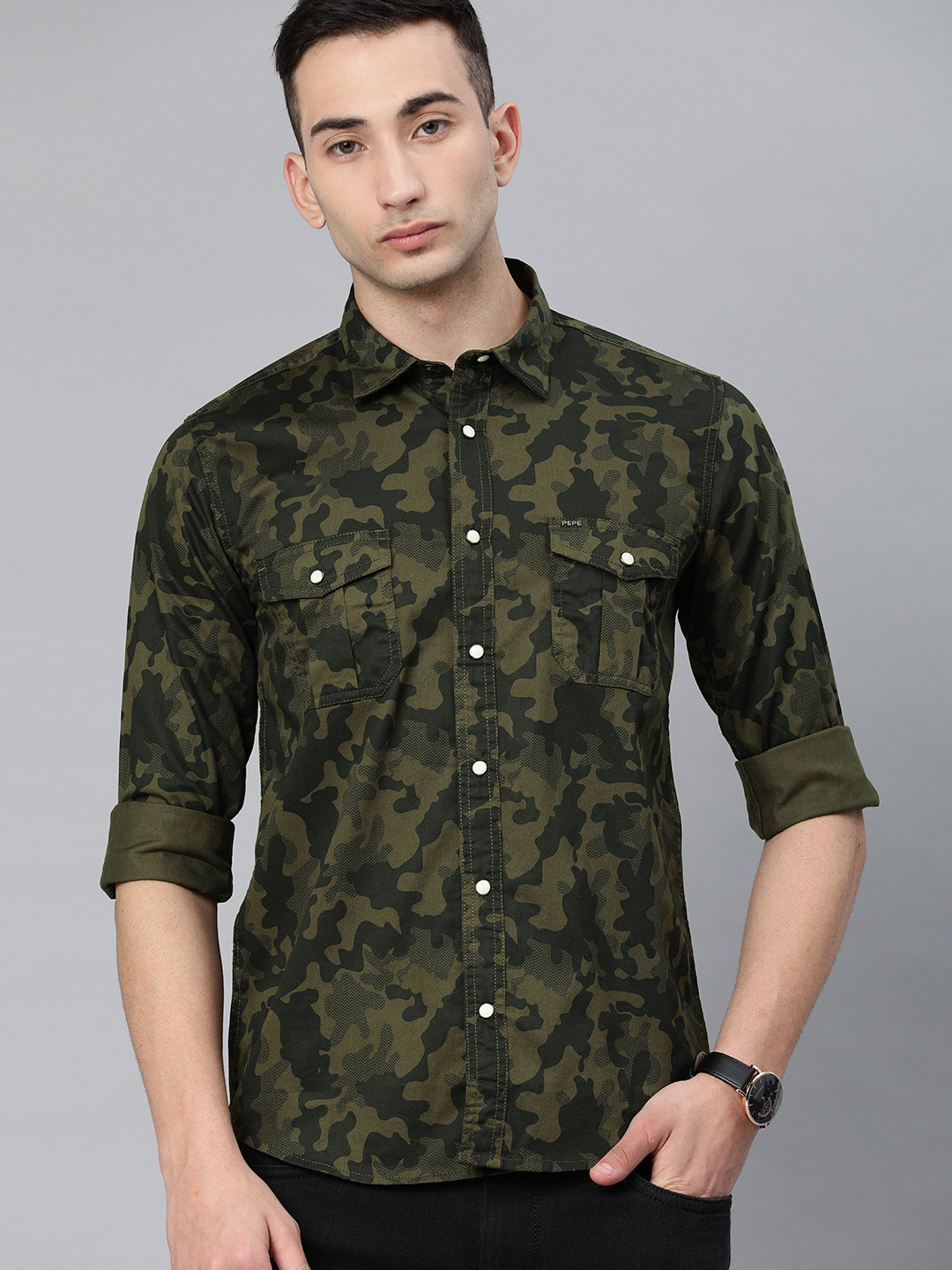 Buy Pepe Jeans Men Olive Green Regular Fit Camo Printed Casual Shirt - Shirts for Men 12559374 