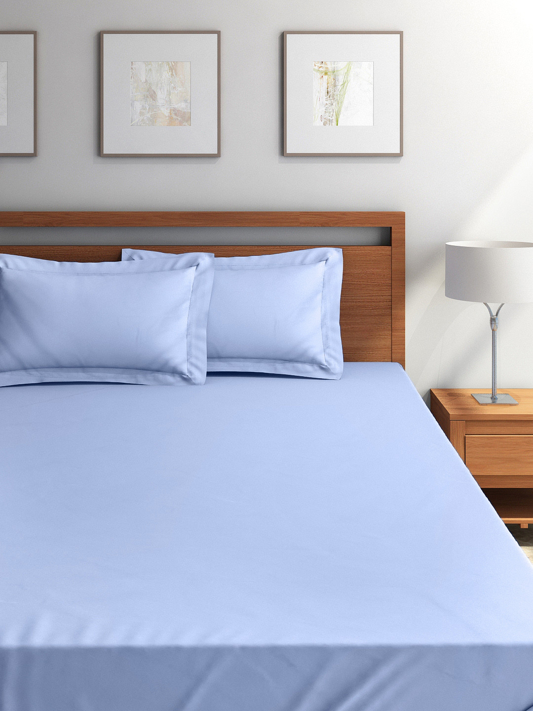 Buy Portico New York Blue 300 TC Cotton Double Bedsheet With 2 Pillow