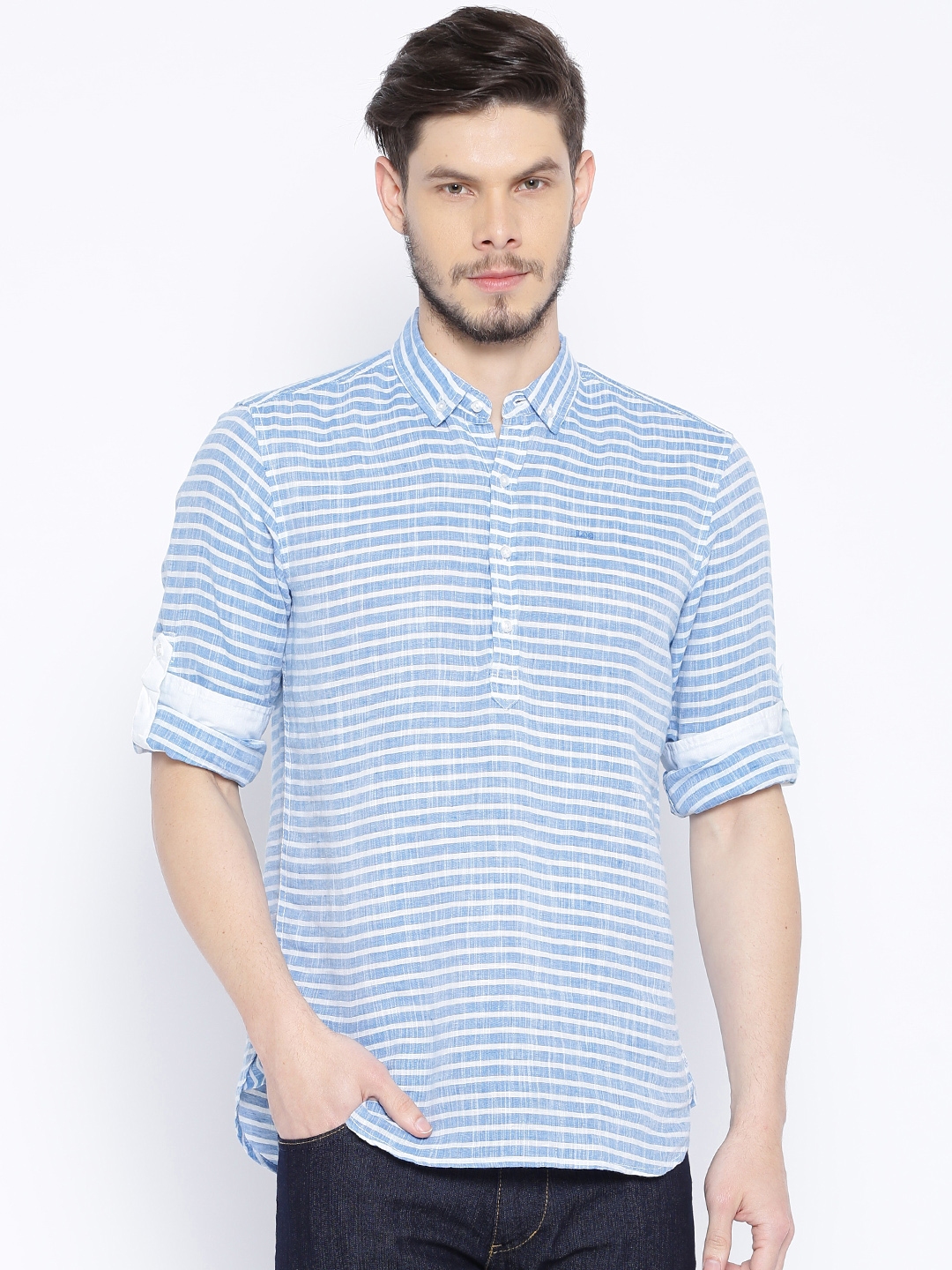 blue and white striped shirt with khakis