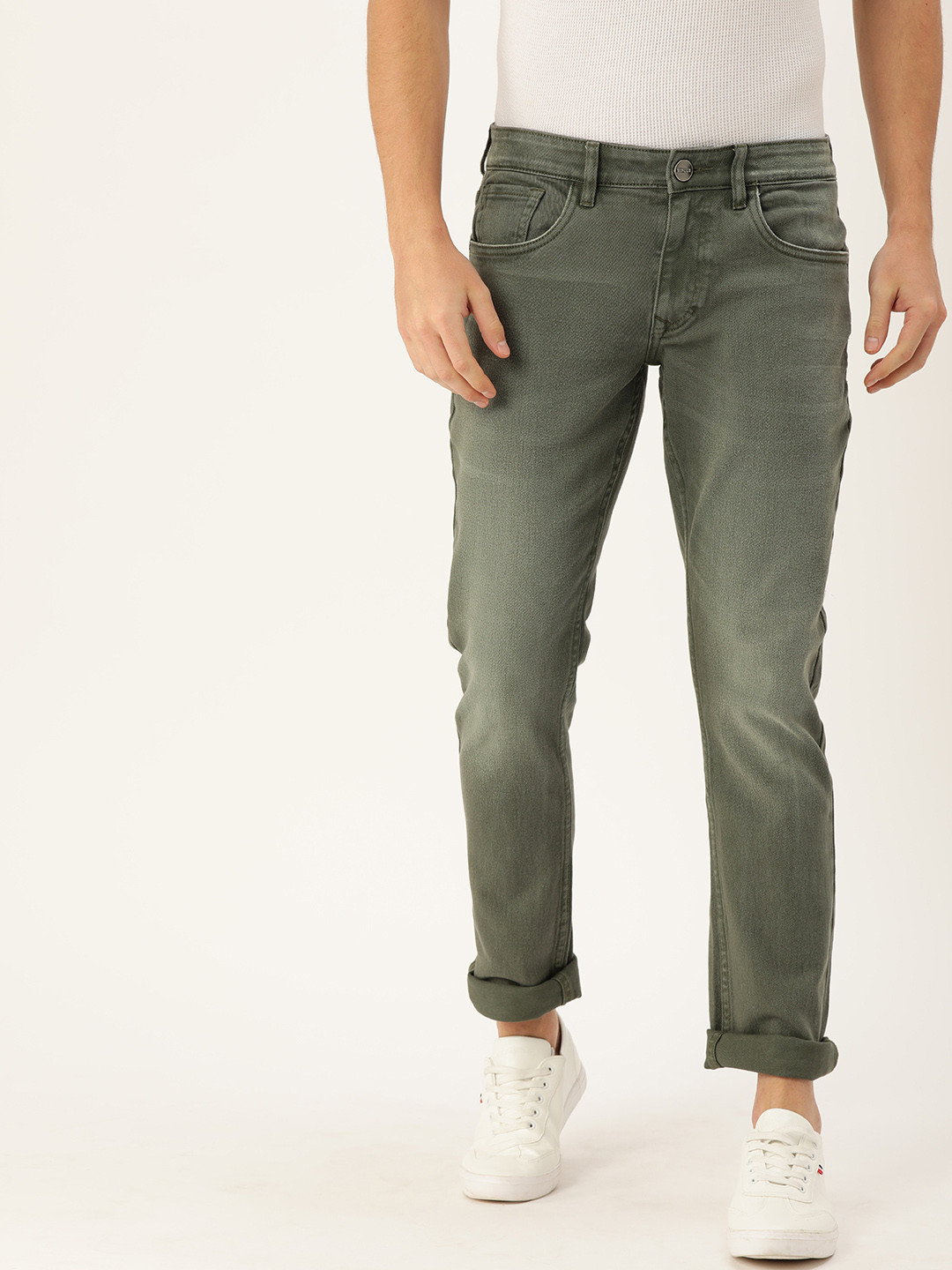 Buy SINGLE Men Olive Green Slim Fit Mid Rise Clean Look Jeans Jeans