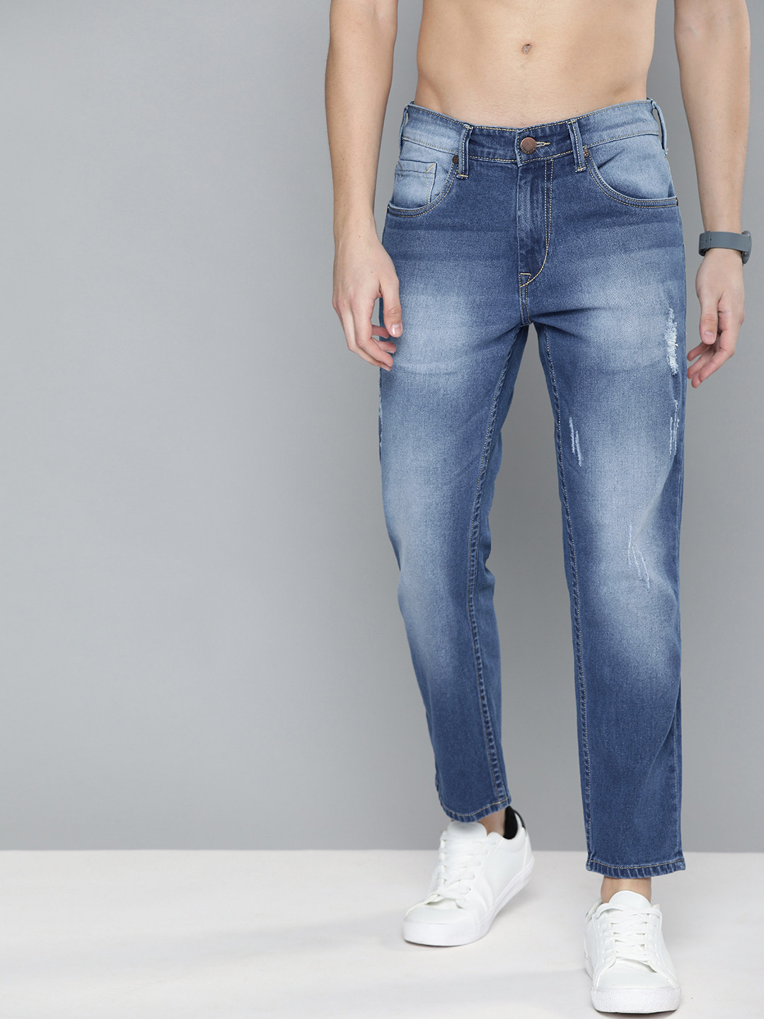 Buy HERE&NOW Men Blue Ankle Slim Fit Mid Rise Low Distress Stretchable