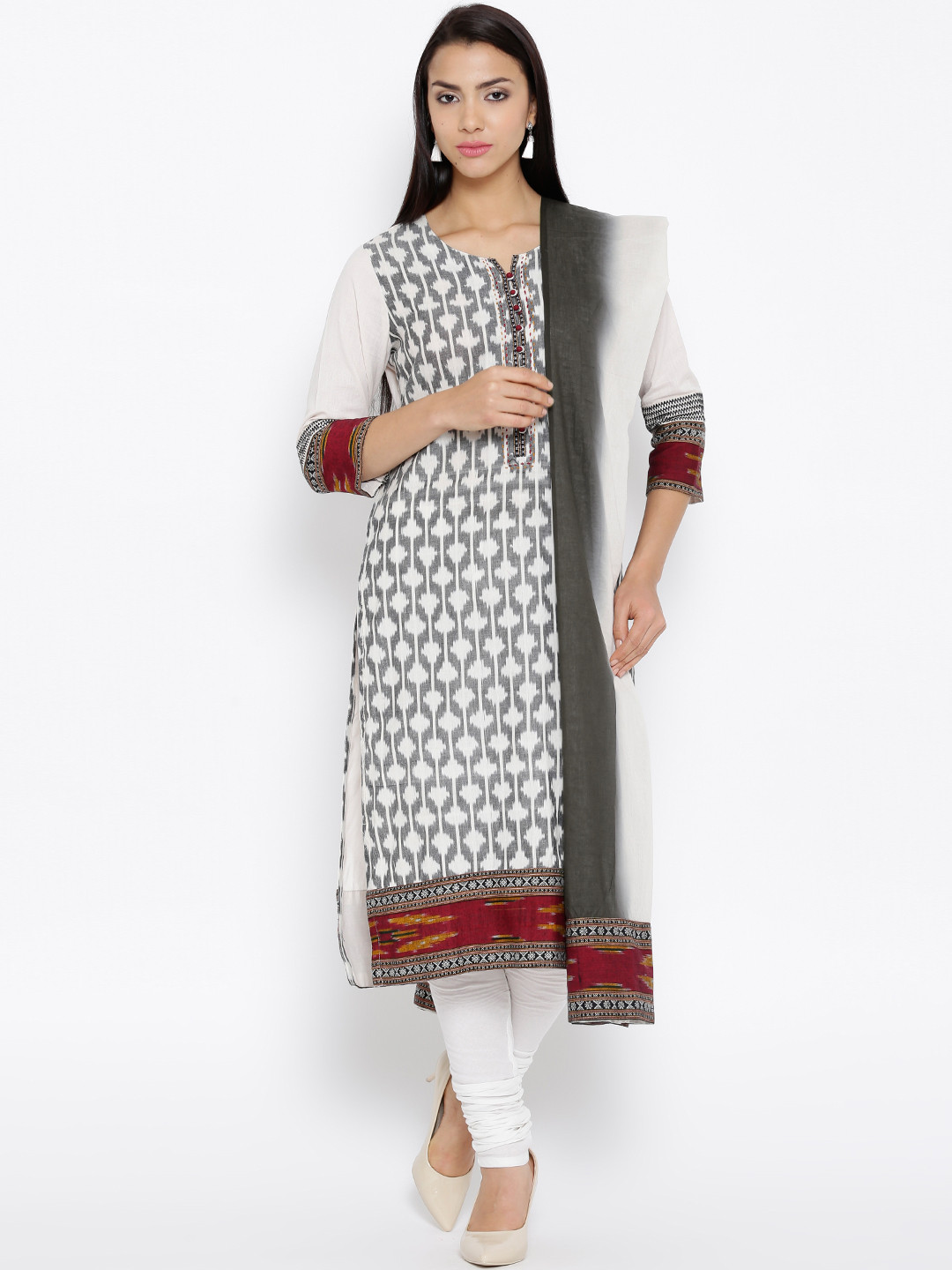 Buy BIBA Cream Coloured & Charcoal Grey Printed Churidar Kurta With