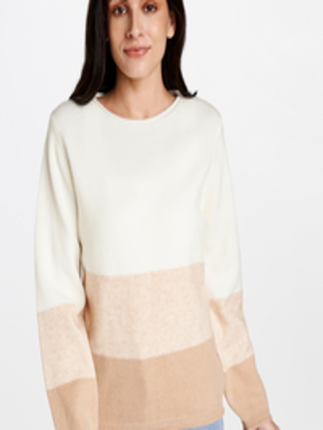 Buy AND Women Off White & Beige Colourblocked Pullover Sweater