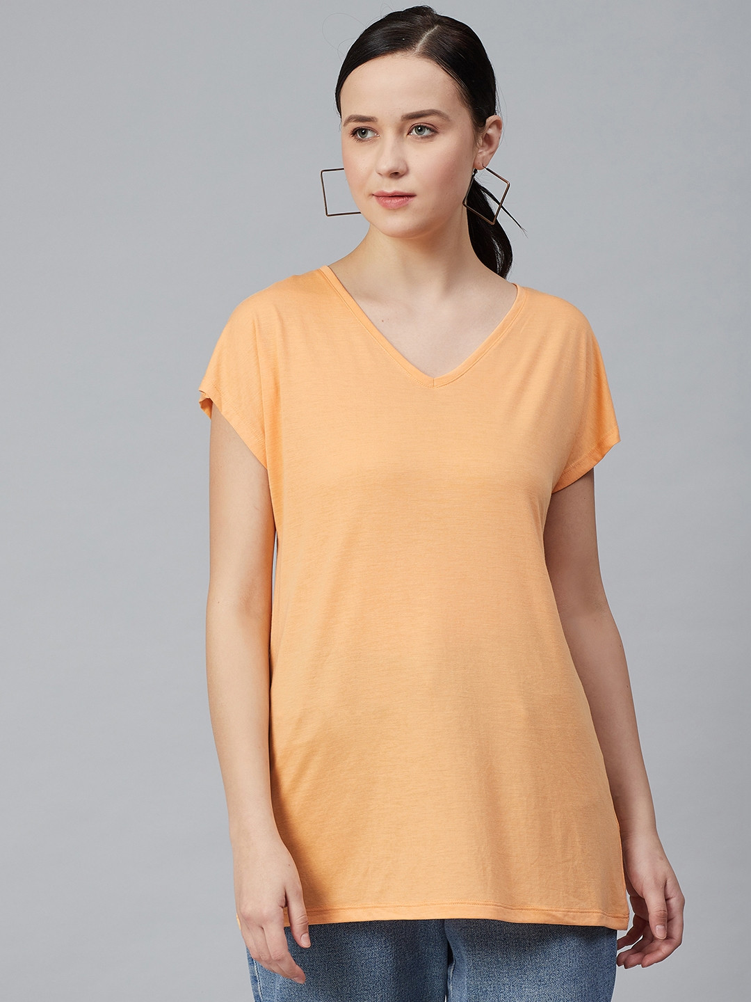 Buy Marks & Spencer Women Orange Solid V Neck T Shirt - Tshirts for ...