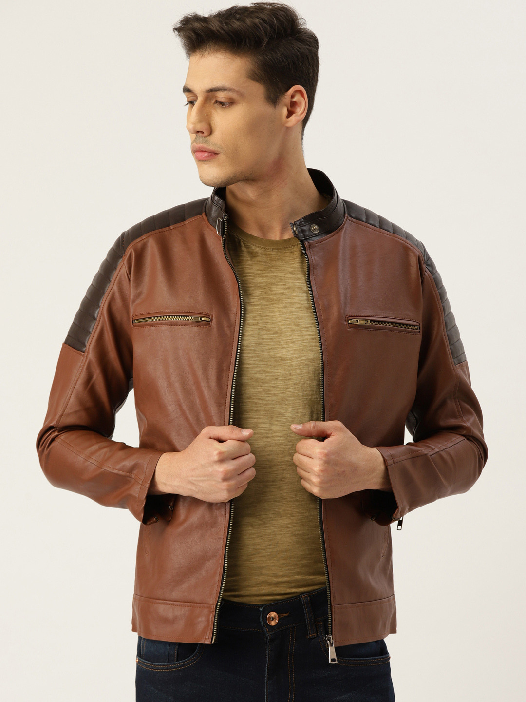 Buy Leather Retail Men Brown Solid Lightweight Biker Jacket Jackets