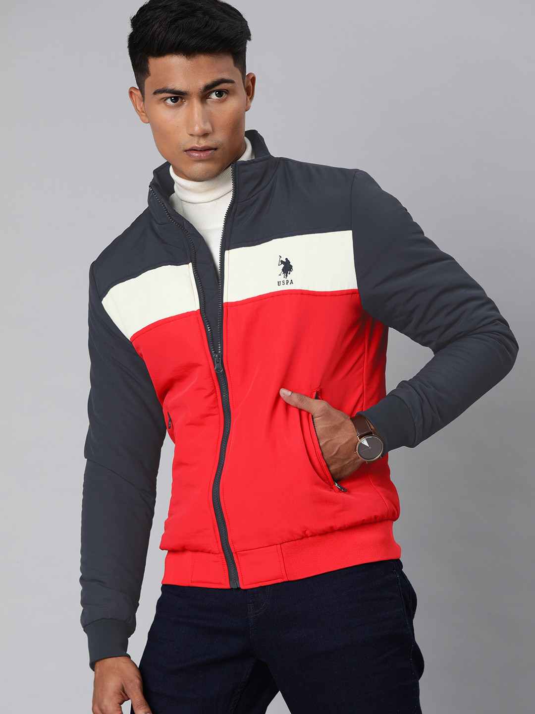 Buy U.S. Polo Assn. Men Red & Navy Blue Colourblocked Bomber Jacket