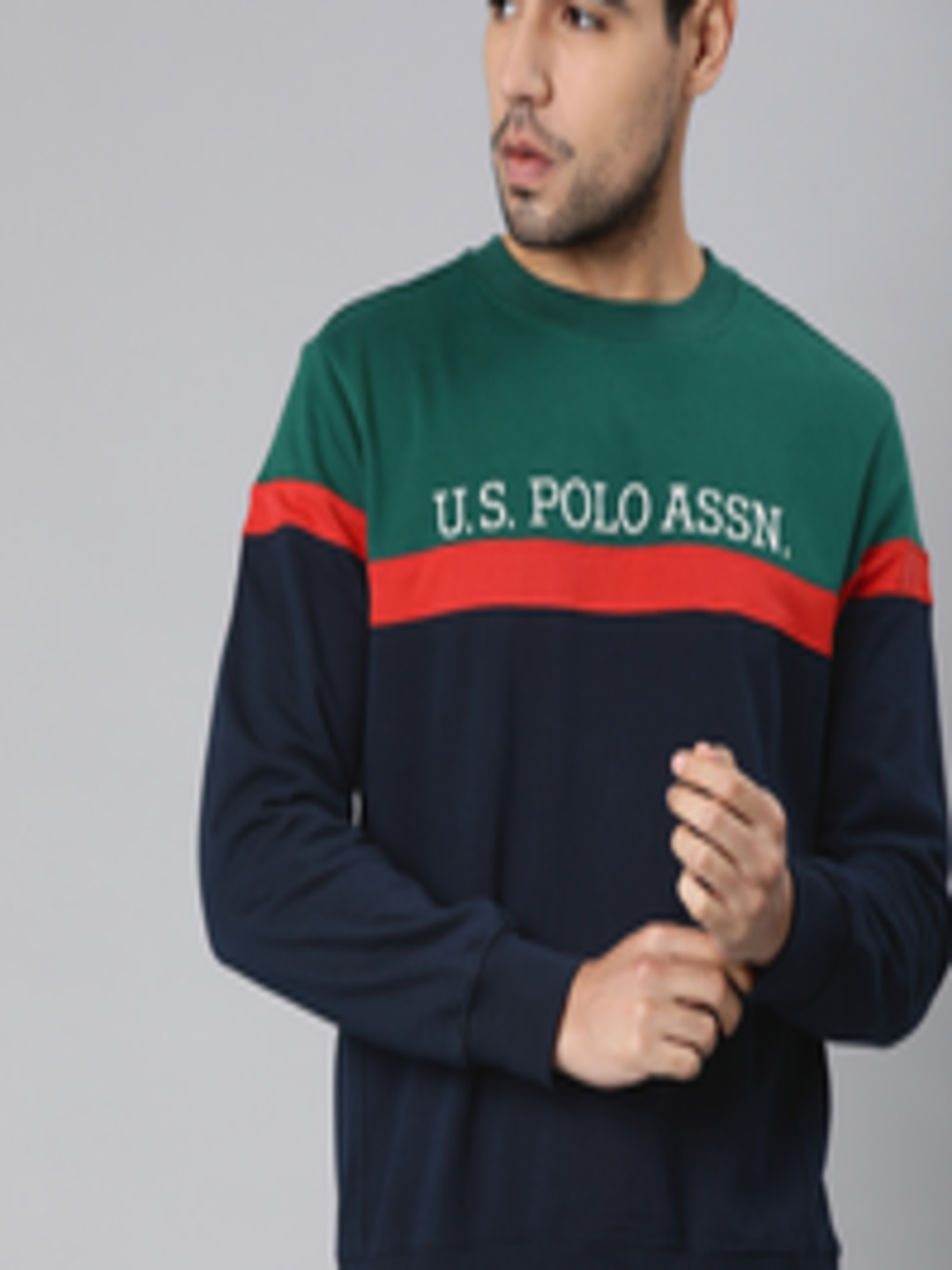 Buy U.S. Polo Assn. Men Navy Blue & Teal Green Colourblocked Pullover ...