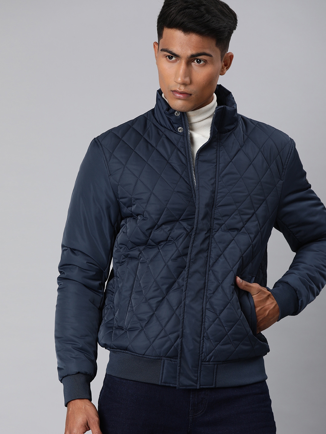 Buy U.S. Polo Assn. Men Navy Blue Solid Quilted Jacket - Jackets for ...
