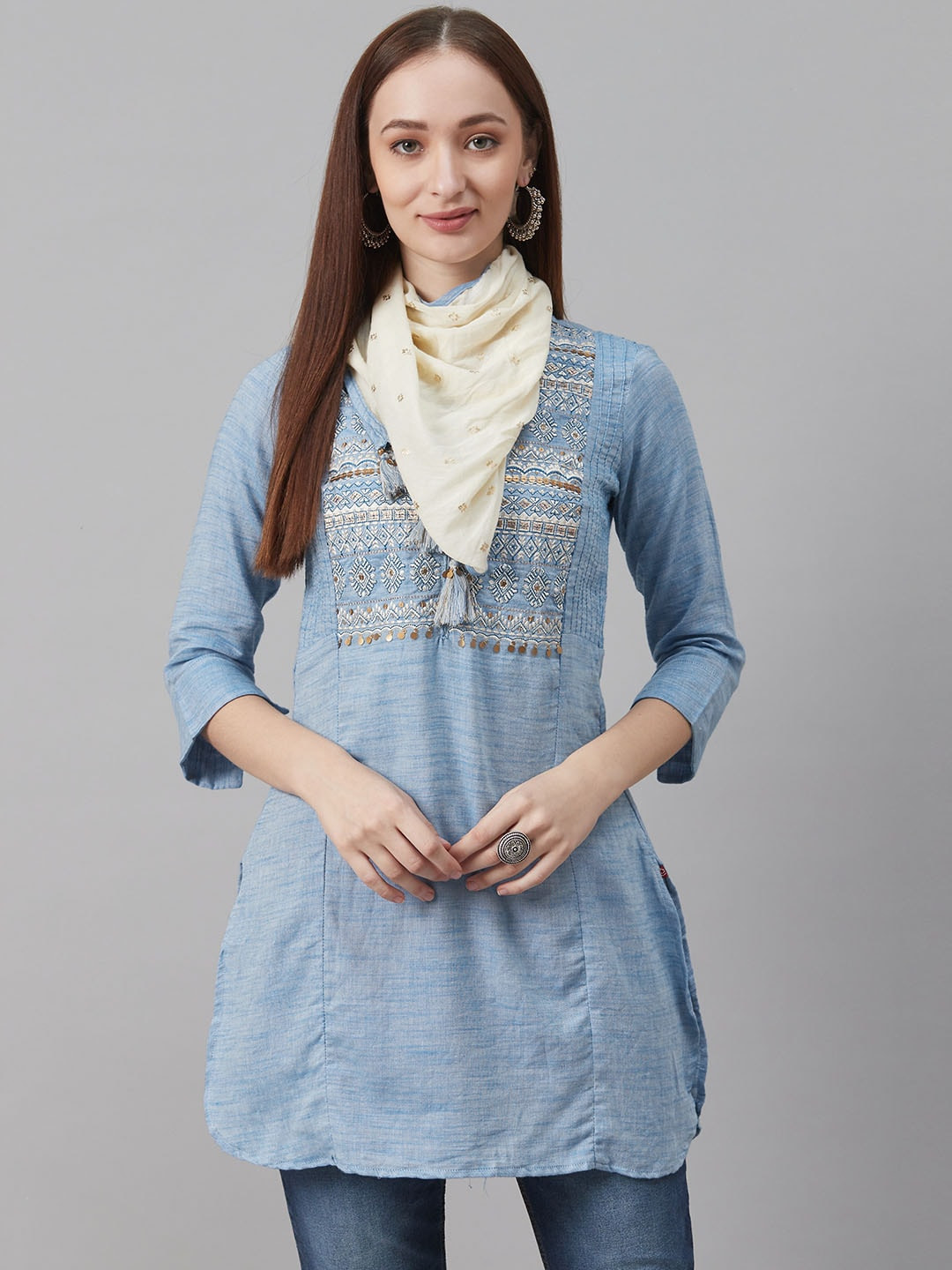 Bimba Rayon High Low Kurti Dress With Scarf - Asymmetrical Hem Casual Ethnic Wear