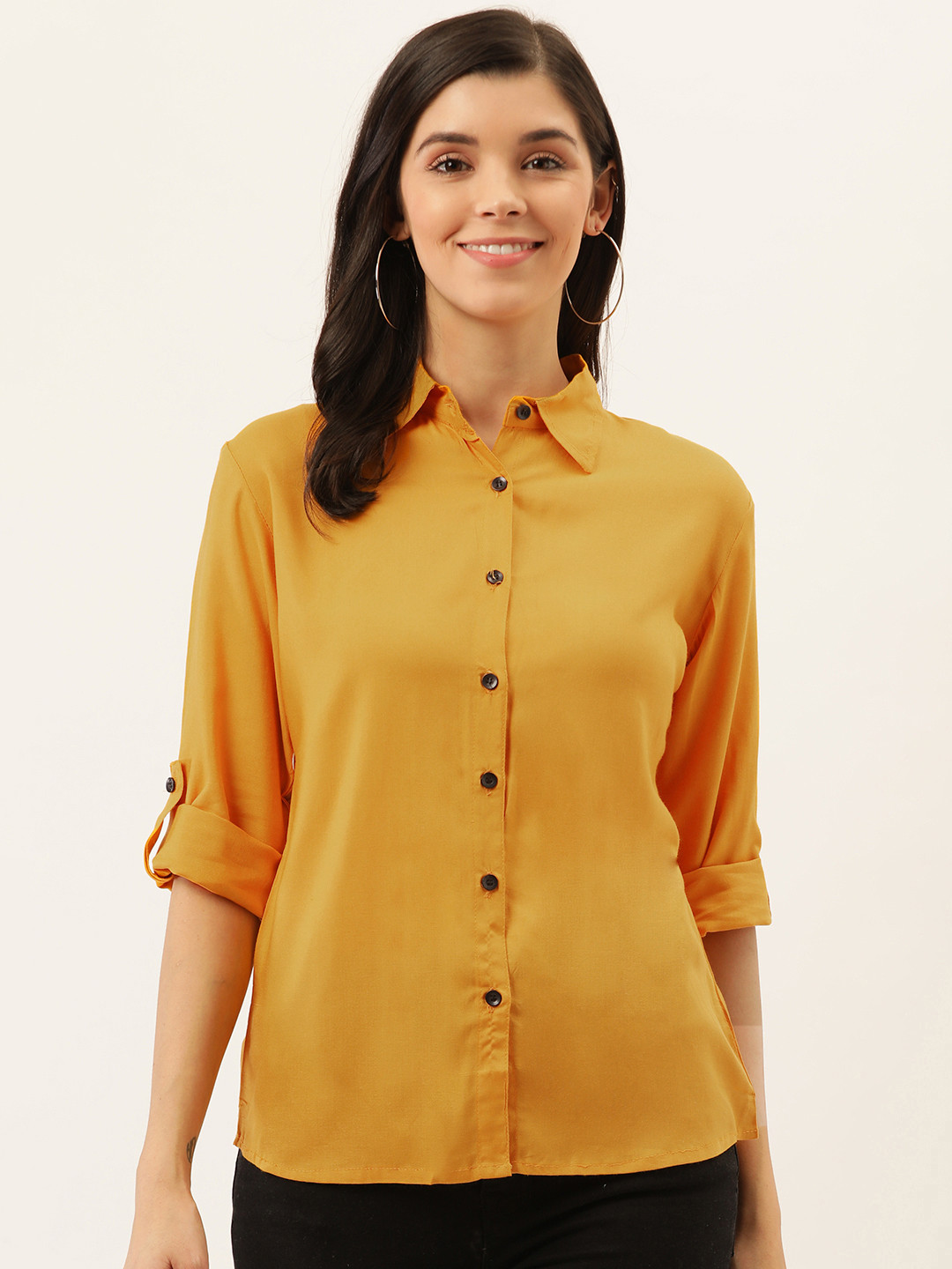 Buy Darzi Women Mustard Yellow Regular Fit Solid Casual Shirt Shirts