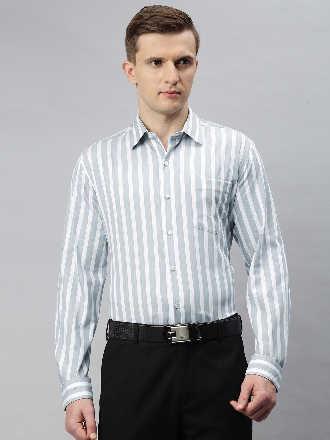 Buy Arrow New York Men Grey & White Slim Fit Striped Formal Shirt ...