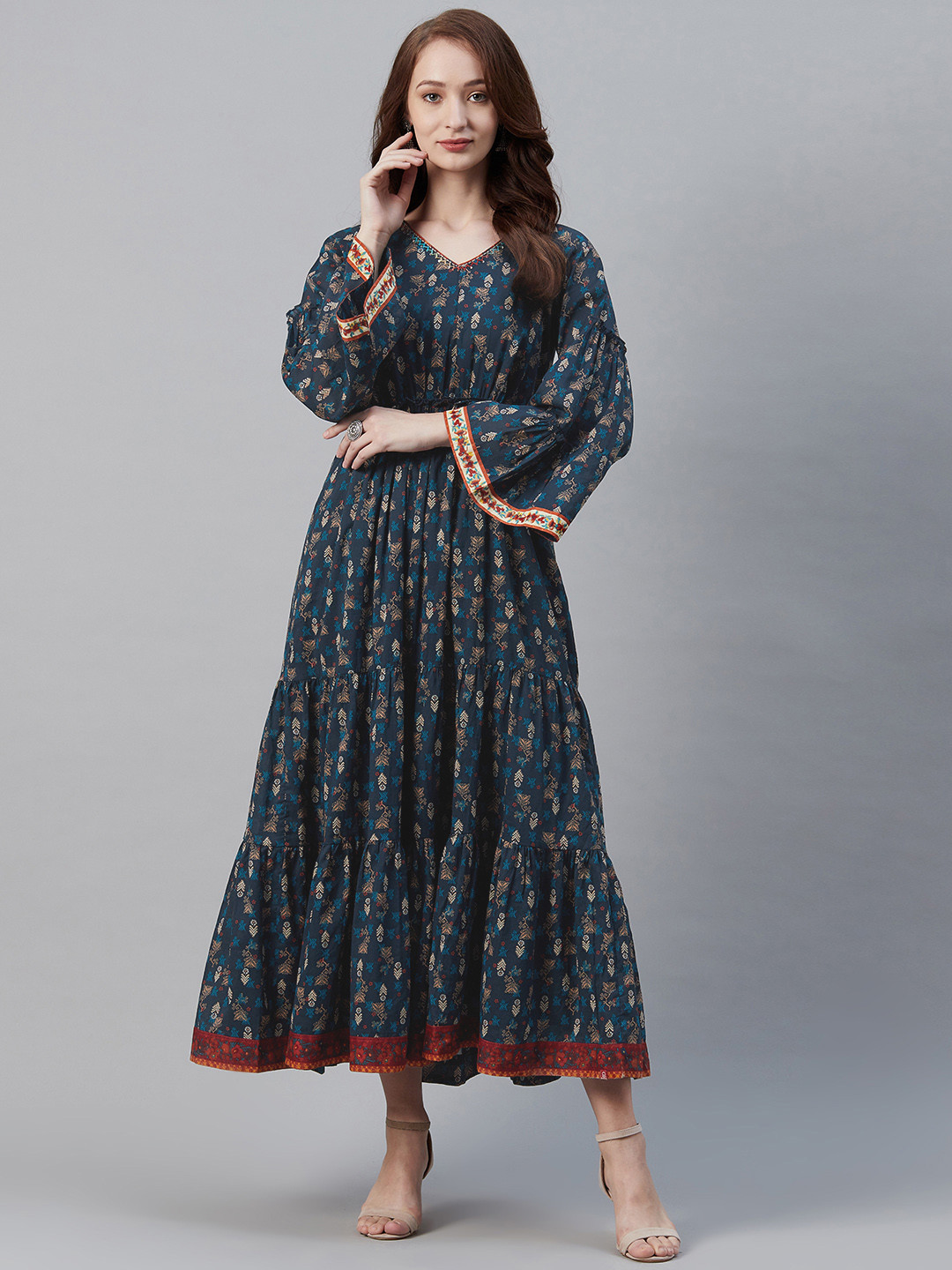 Buy Biba Navy Blue & Beige Ethnic Motifs Printed Sequinned Tiered Maxi