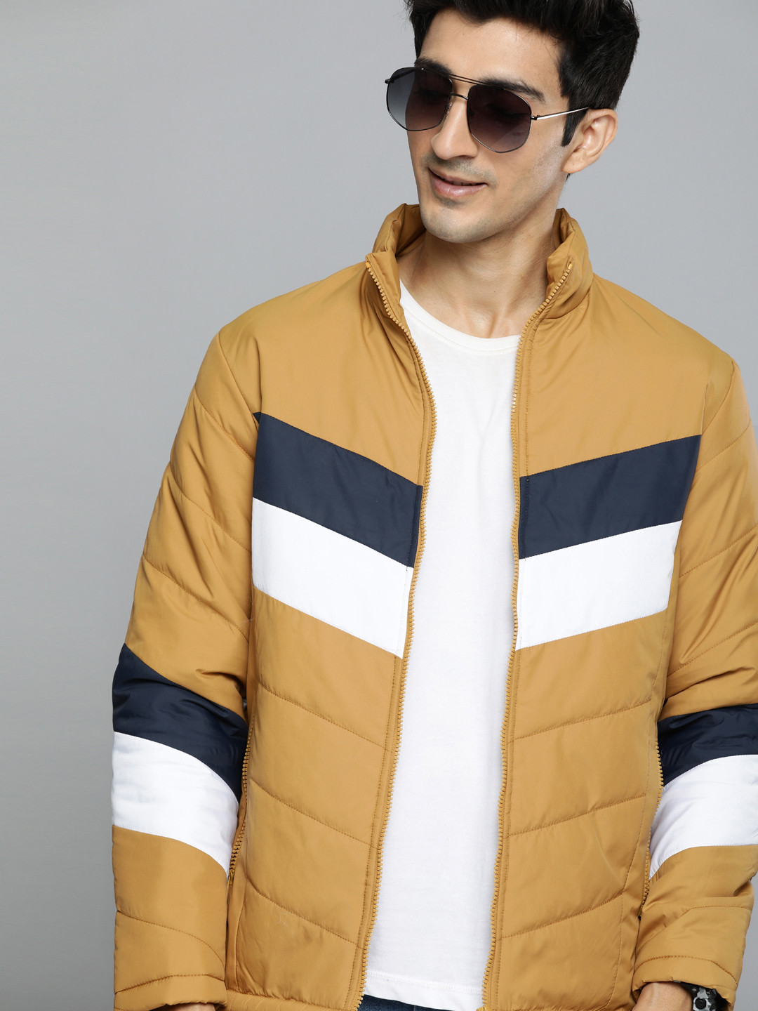Buy HERE&NOW Men Mustard Yellow Colourblocked Padded Jacket Jackets