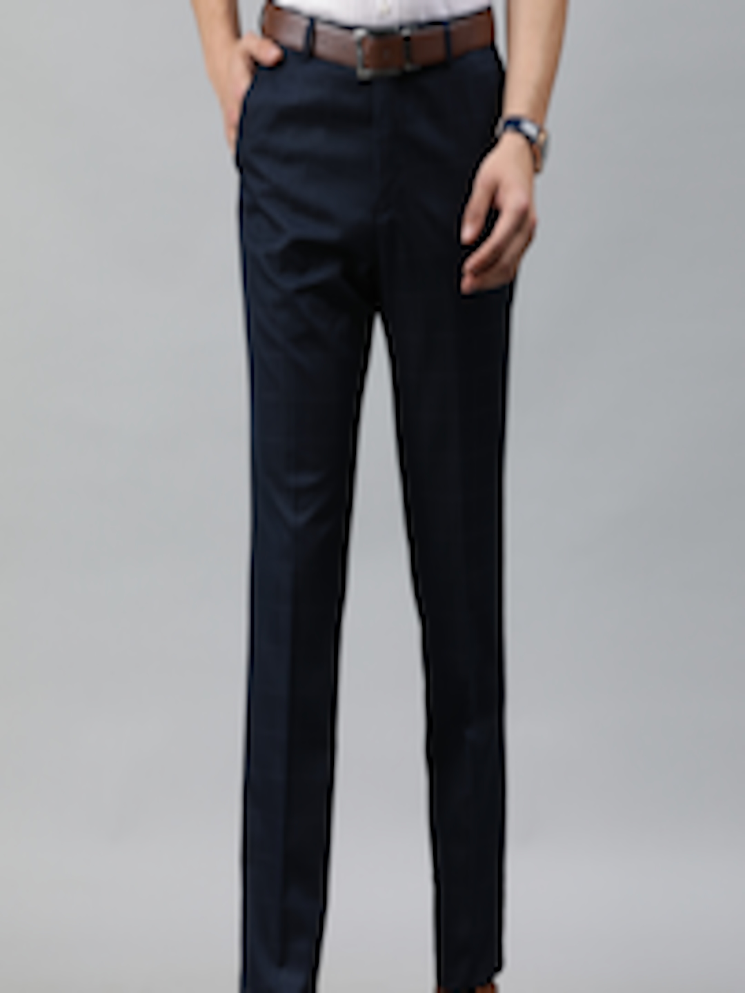 Buy Arrow Men Navy Blue Tapered Fit Checked Formal Trousers - Trousers ...