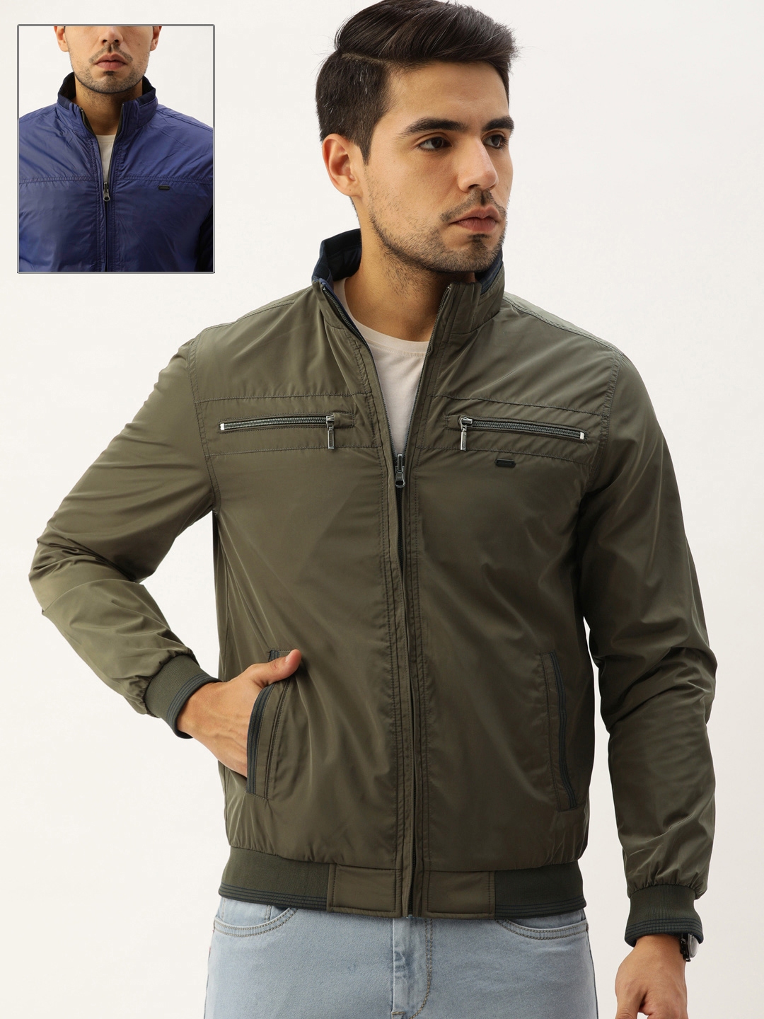 Buy Peter England Men Olive Green & Navy Blue Solid Reversible Tailored ...