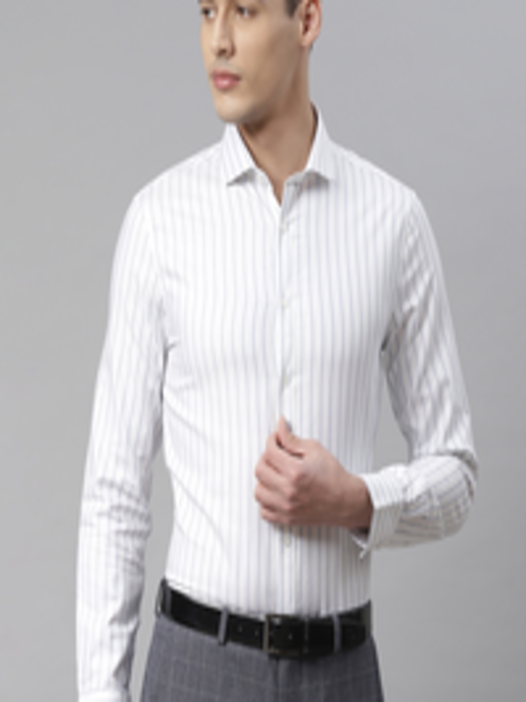 Buy Marks & Spencer Men White & Blue Slim Fit Striped Formal Shirt ...