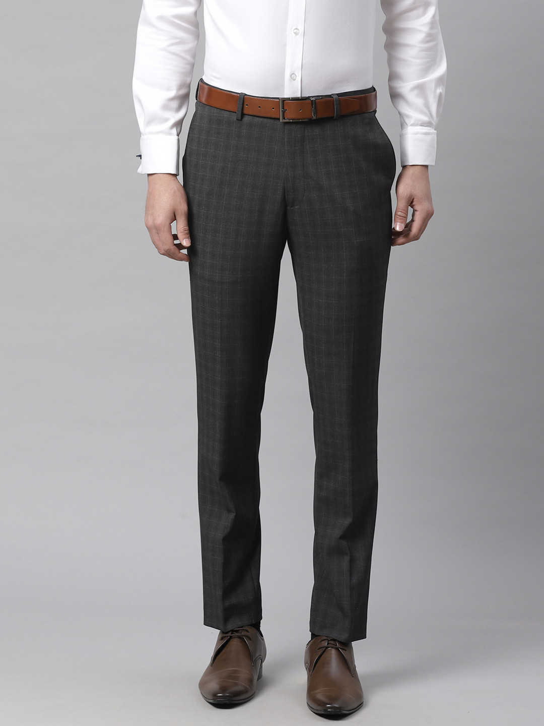 Buy Marks & Spencer Men Charcoal Slim Fit Checked Formal Trousers ...