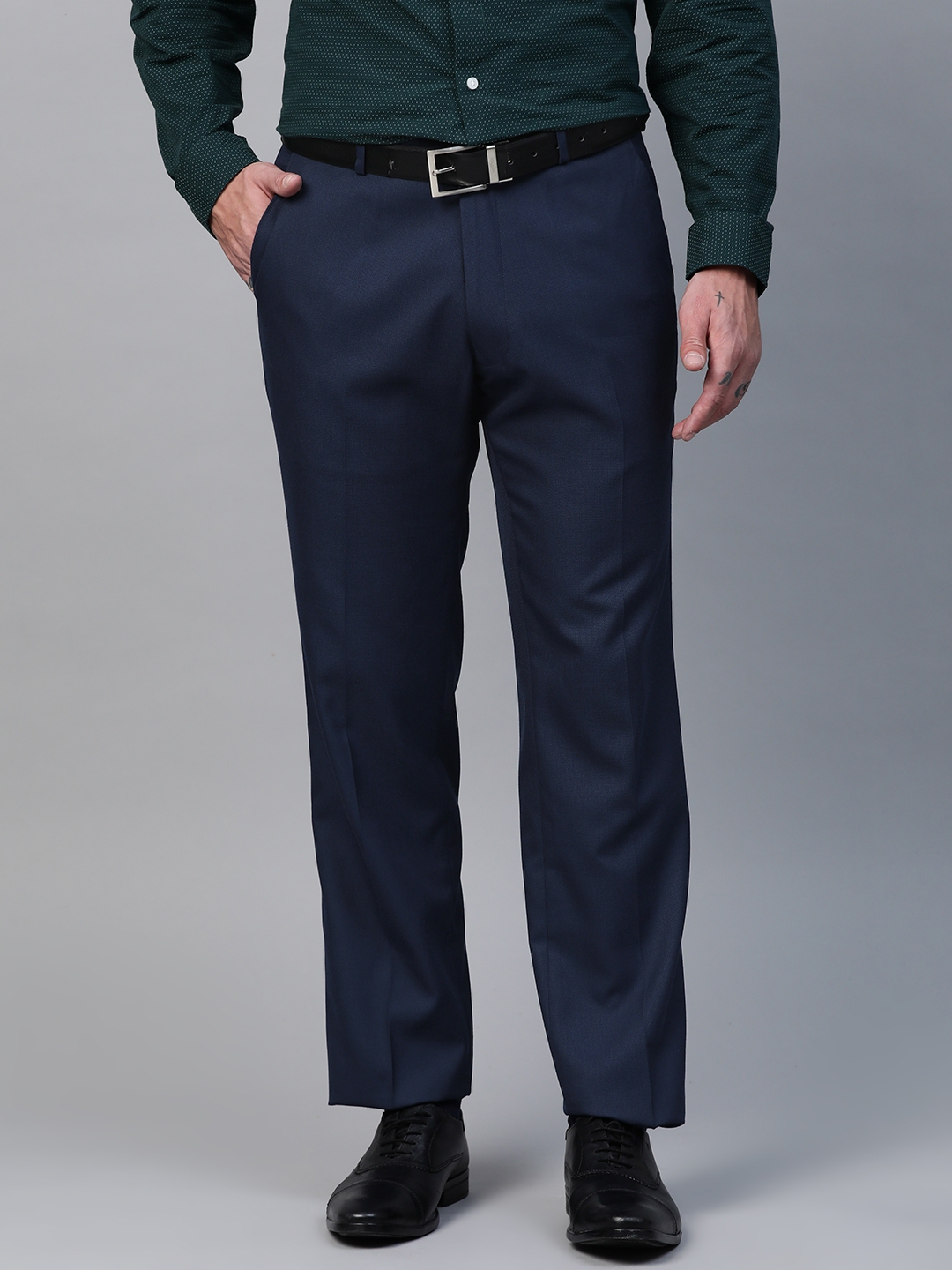 Buy Marks & Spencer Men Navy Blue Solid Tailored Fit Formal Trousers ...