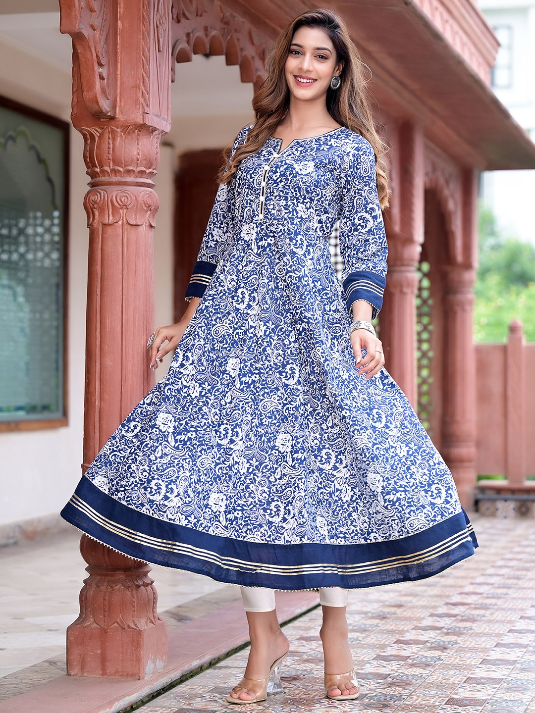 Buy Yash Gallery Women Navy Blue And White Paisley Print Anarkali Kurta Kurtas For Women 5147