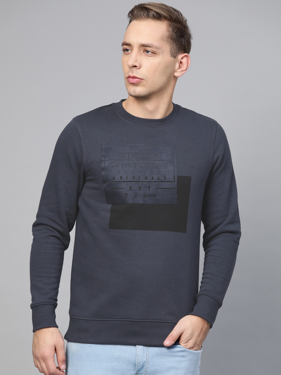 Buy Indian Terrain Men Navy Blue & Black Typography Printed Sweatshirt ...