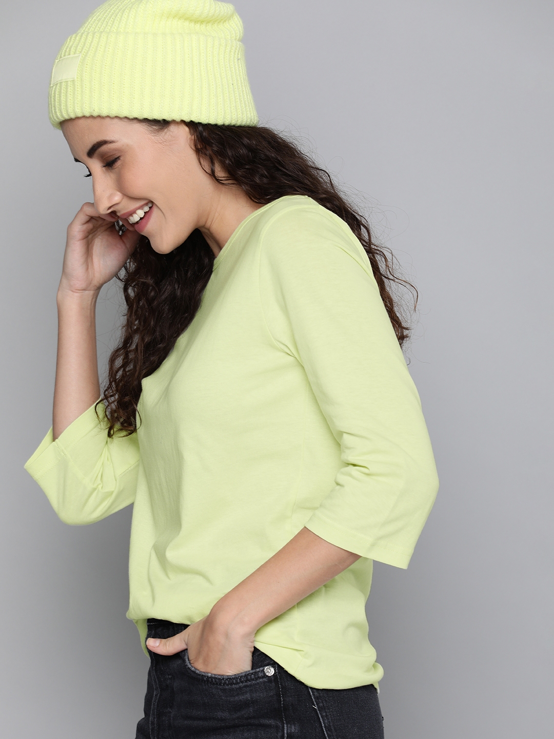Buy HERE&NOW Women Lime Green Solid Round Neck T Shirt Tshirts for