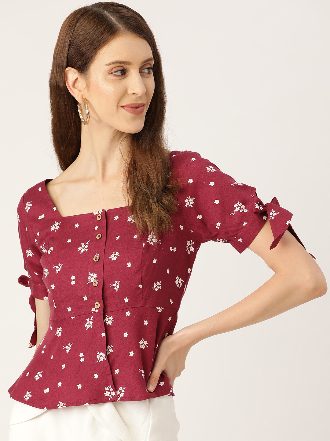 Maroon Floral Printed Rayon Shirt type Top for Women