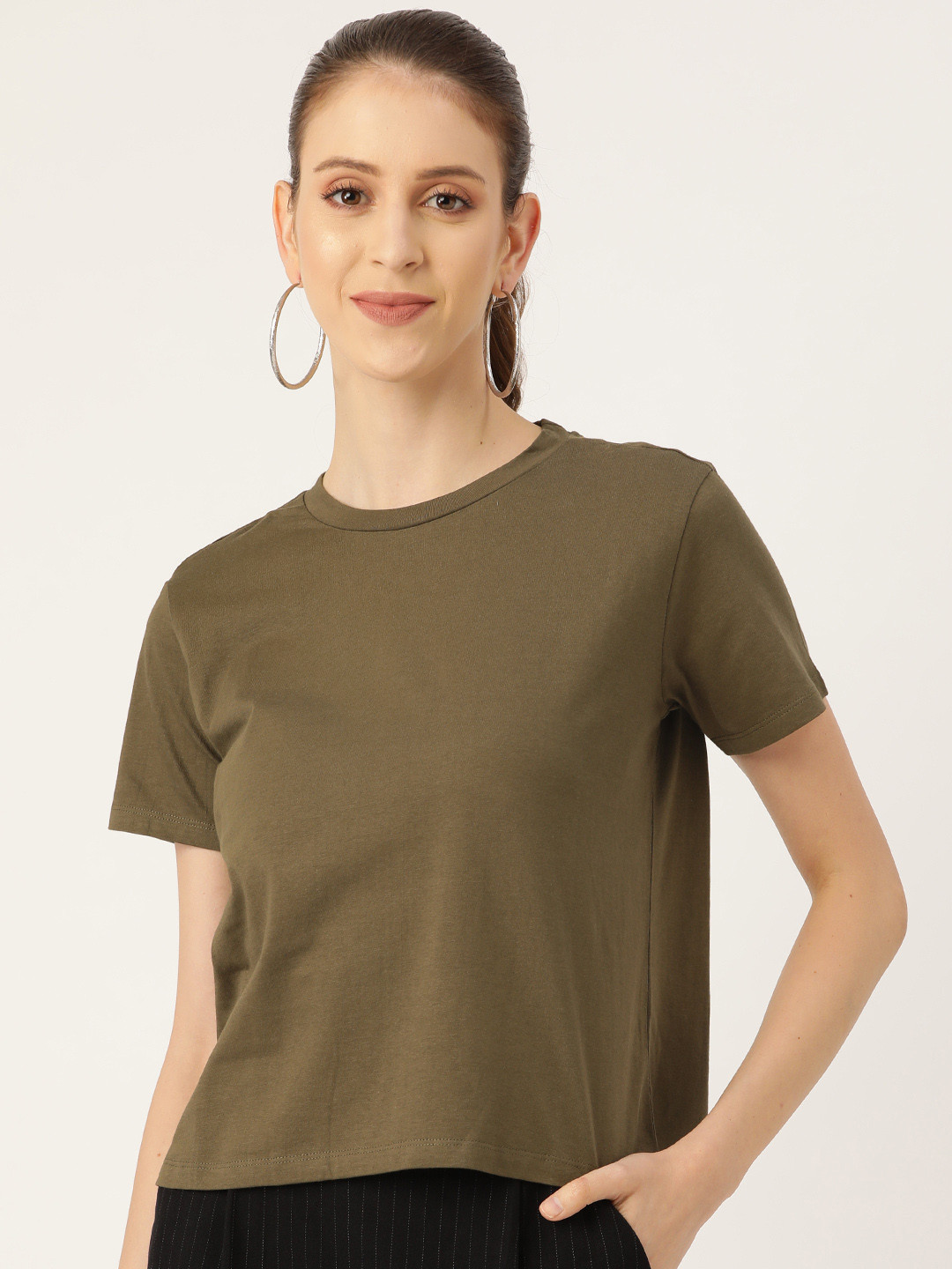Buy 20Dresses Women Olive Green Solid Round Neck T Shirt Tshirts for