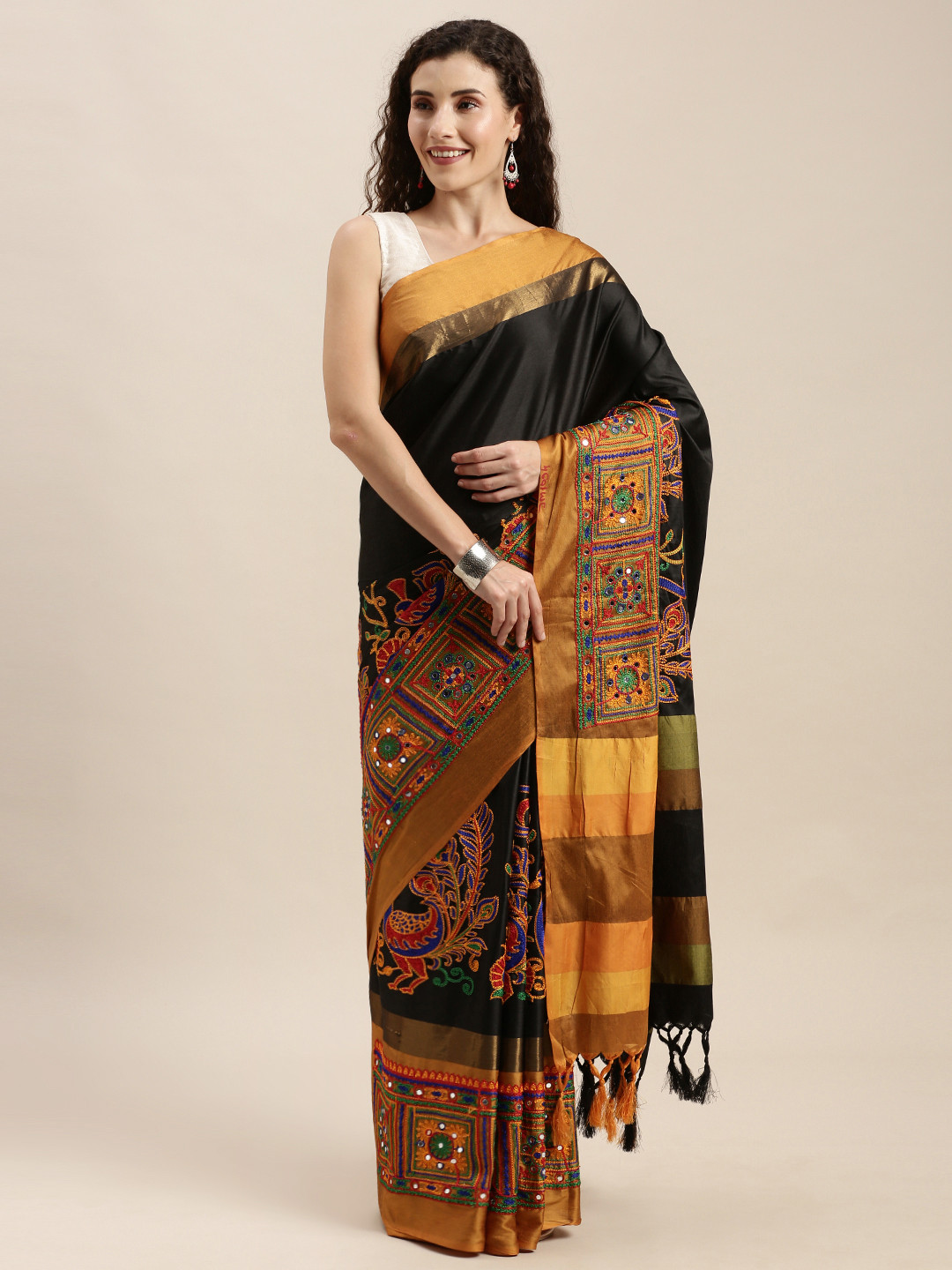 Buy Mitera Black & Orange Silk Cotton Kutchi Embroidered Saree Sarees