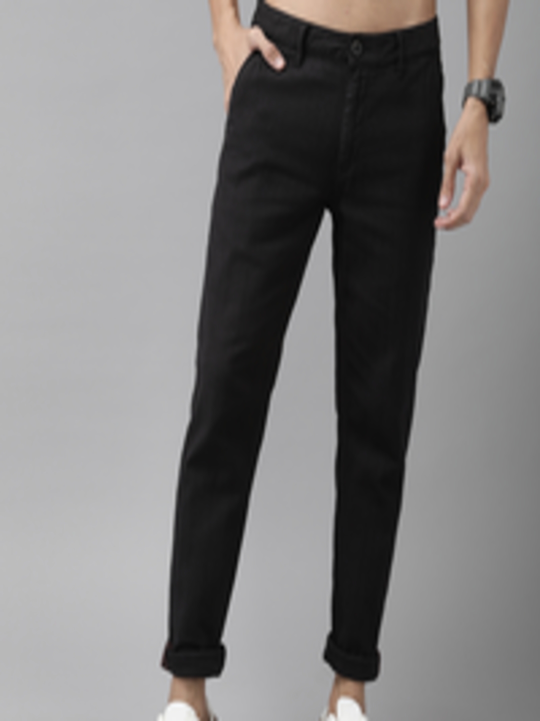 Buy Roadster Men Black Regular Fit Solid Regular Trousers - Trousers ...