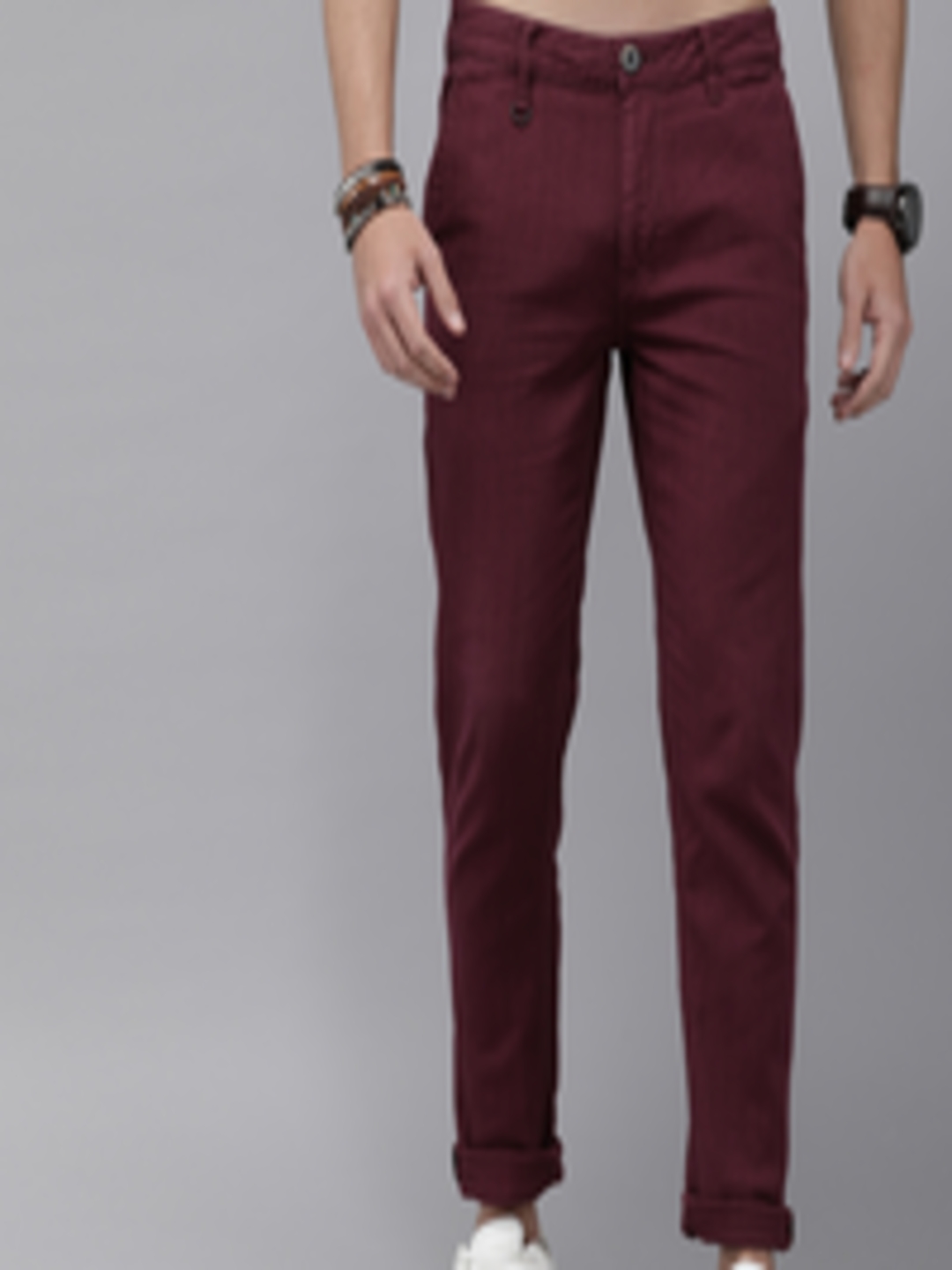 Buy Roadster Men Burgundy Regular Fit Solid D4 Trousers - Trousers for ...