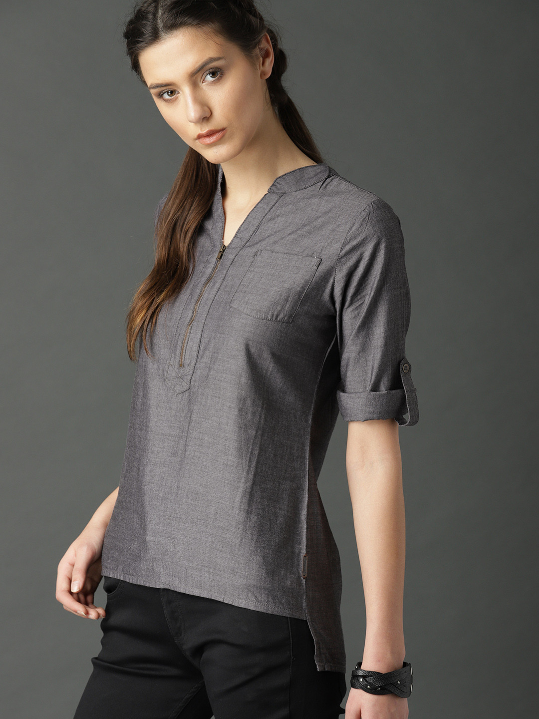 Buy Roadster Women Charcoal Grey Solid High Low Top - Tops for Women 1269628 | Myntra
