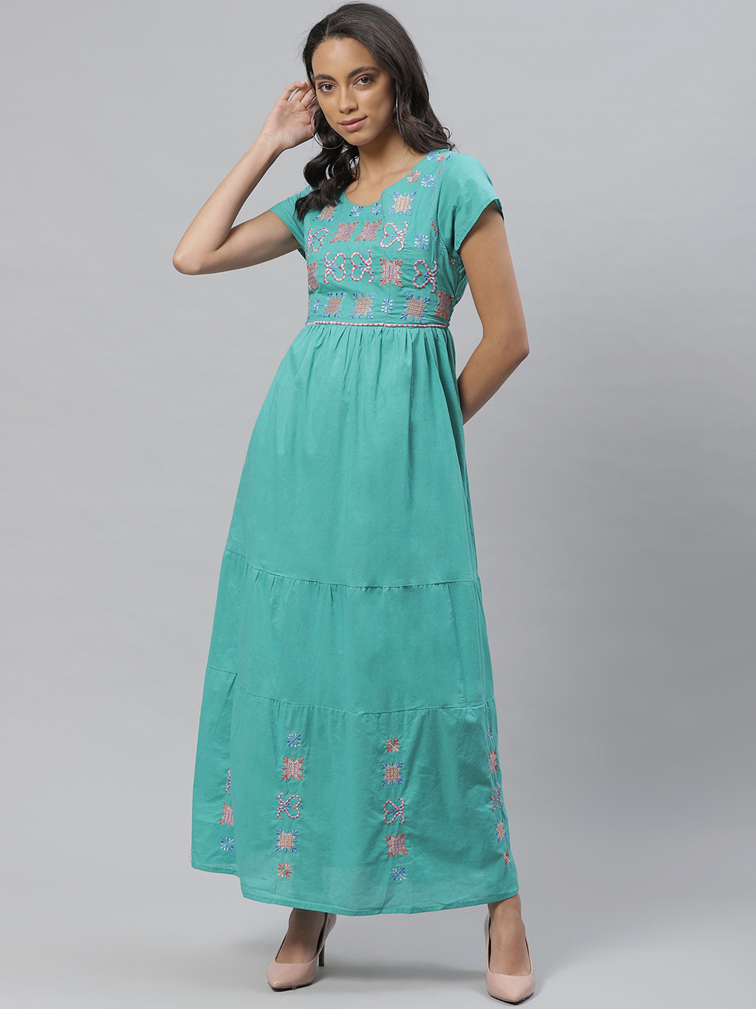 Buy Vemante Women Blue Embroidered Tiered Maxi Dress Dresses for