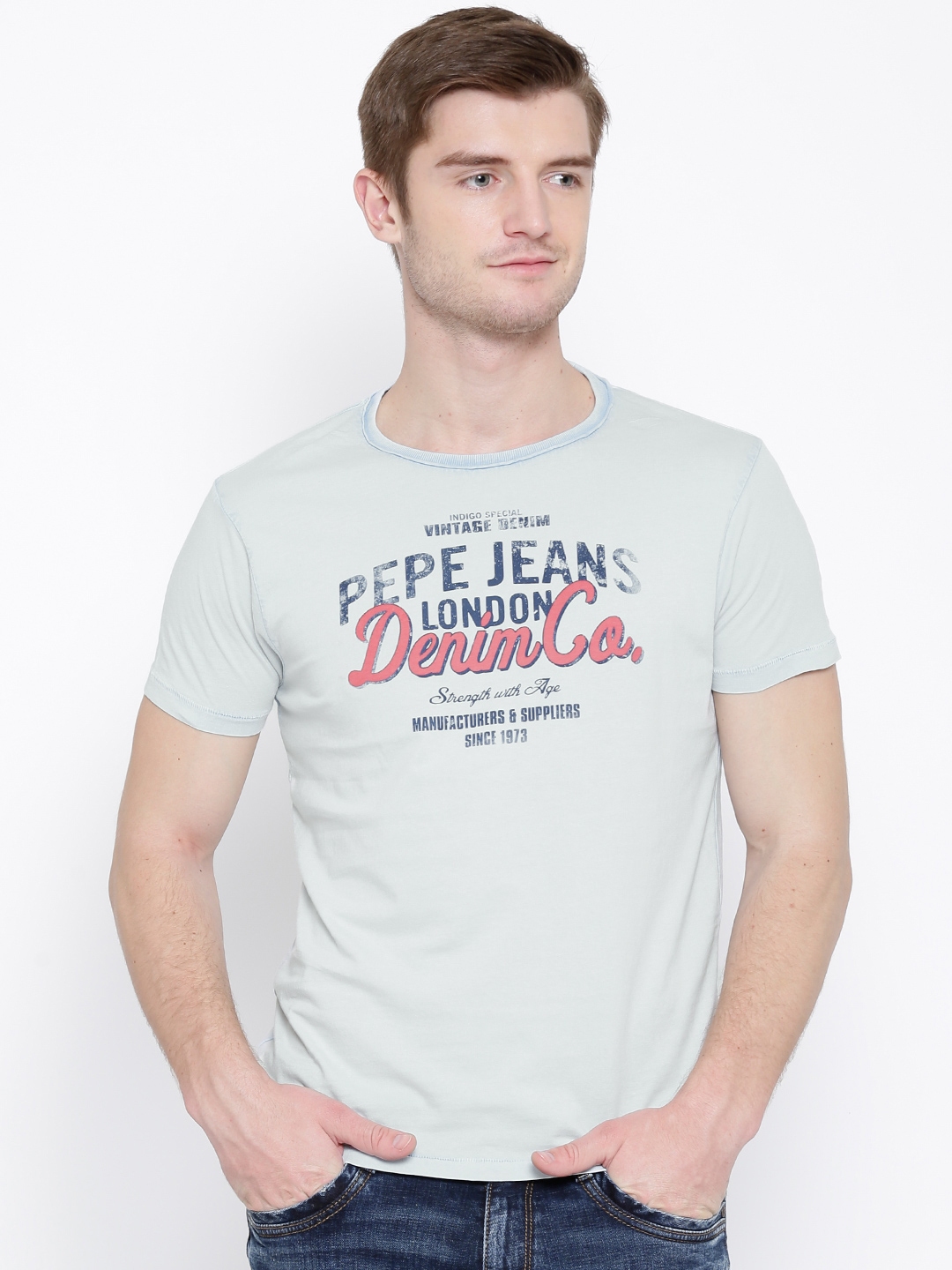 Buy Pepe Jeans Light Blue Text Print Pure Cotton T Shirt - Tshirts for ...