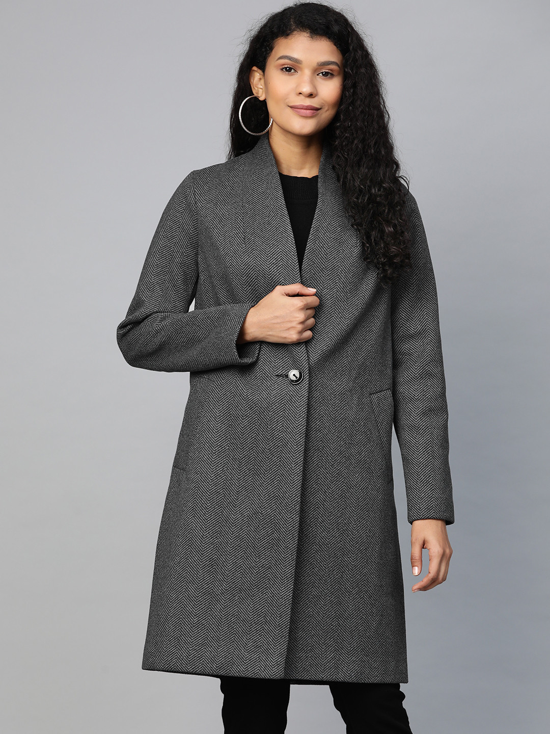 Buy DOROTHY PERKINS Women Charcoal Grey Collarless Herringbone Coat