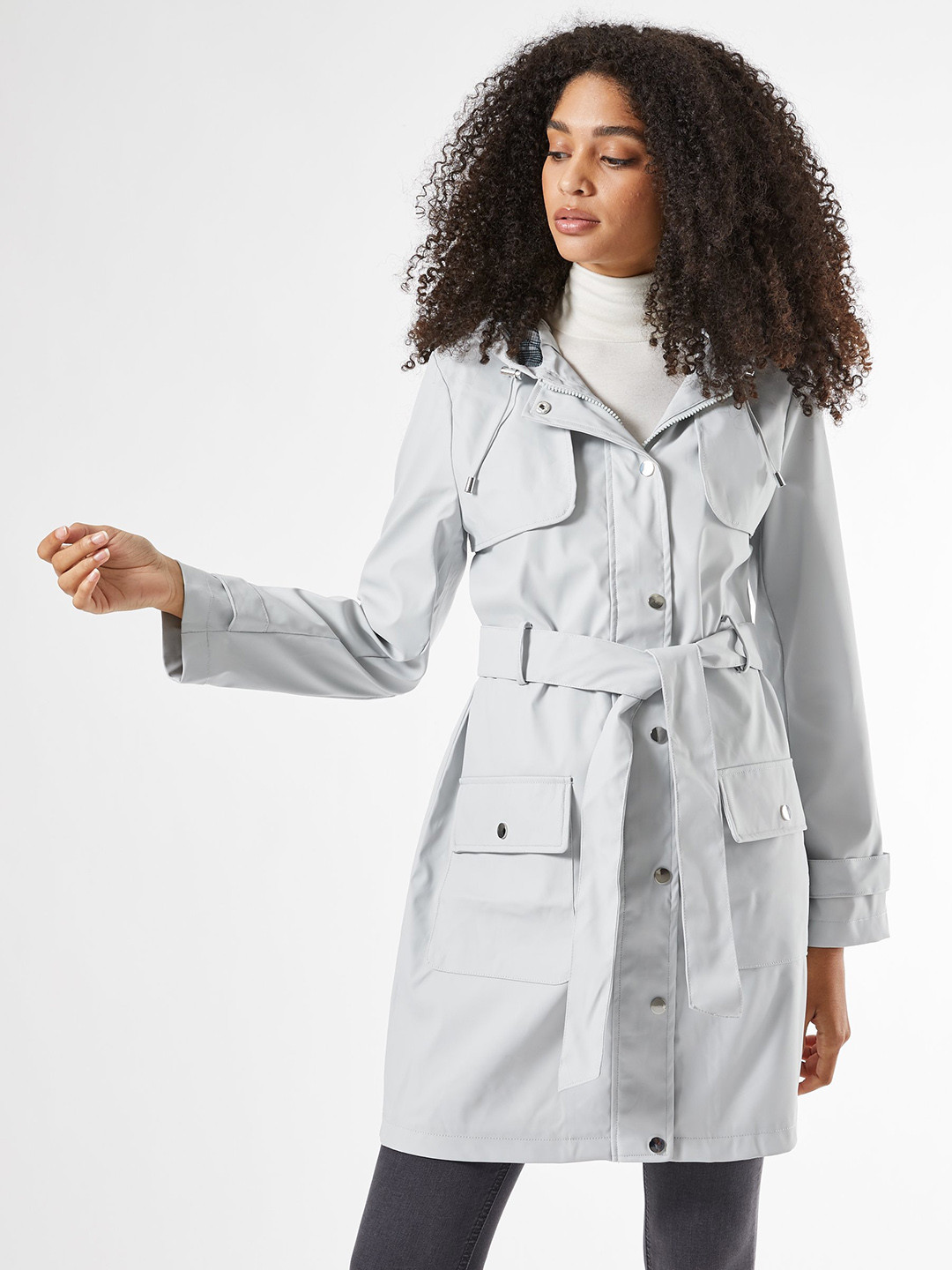 Buy DOROTHY PERKINS Women Grey Solid Wrap Rain Coat Rain Jacket for