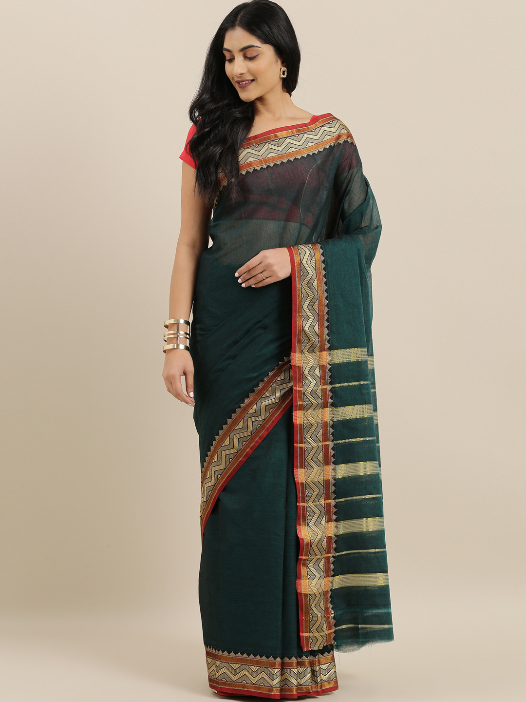 Buy The Chennai Silks Green & Beige Pure Cotton Solid Saree Sarees