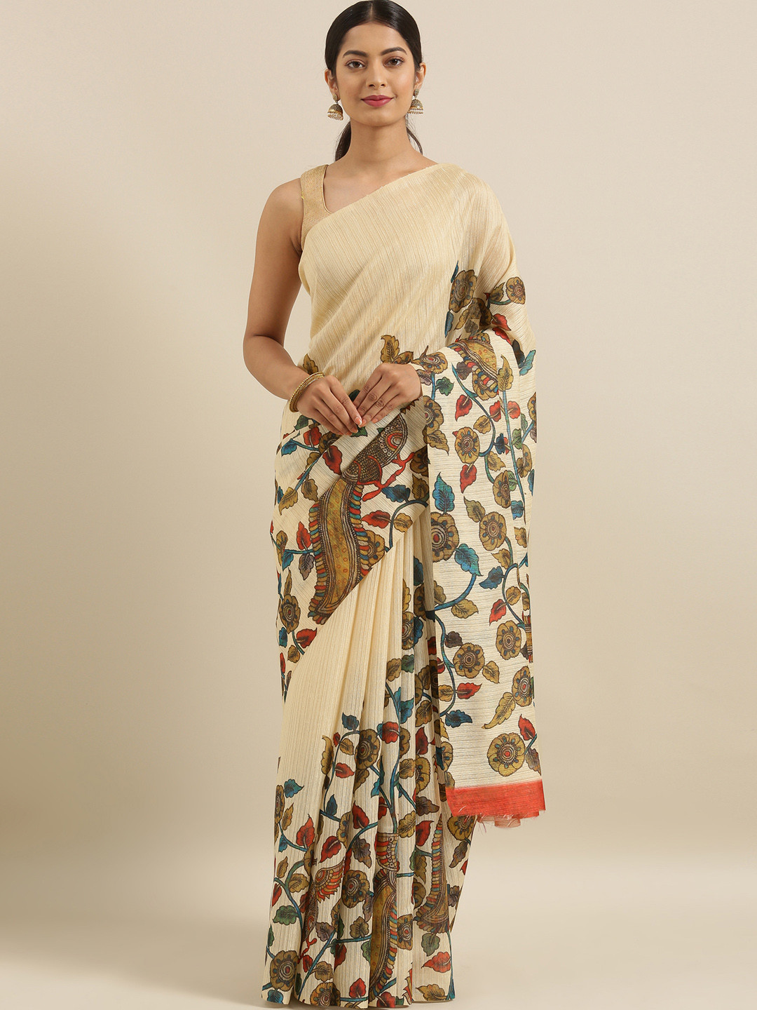 Buy The Chennai Silks Beige & Green Linen Blend Printed Saree Sarees