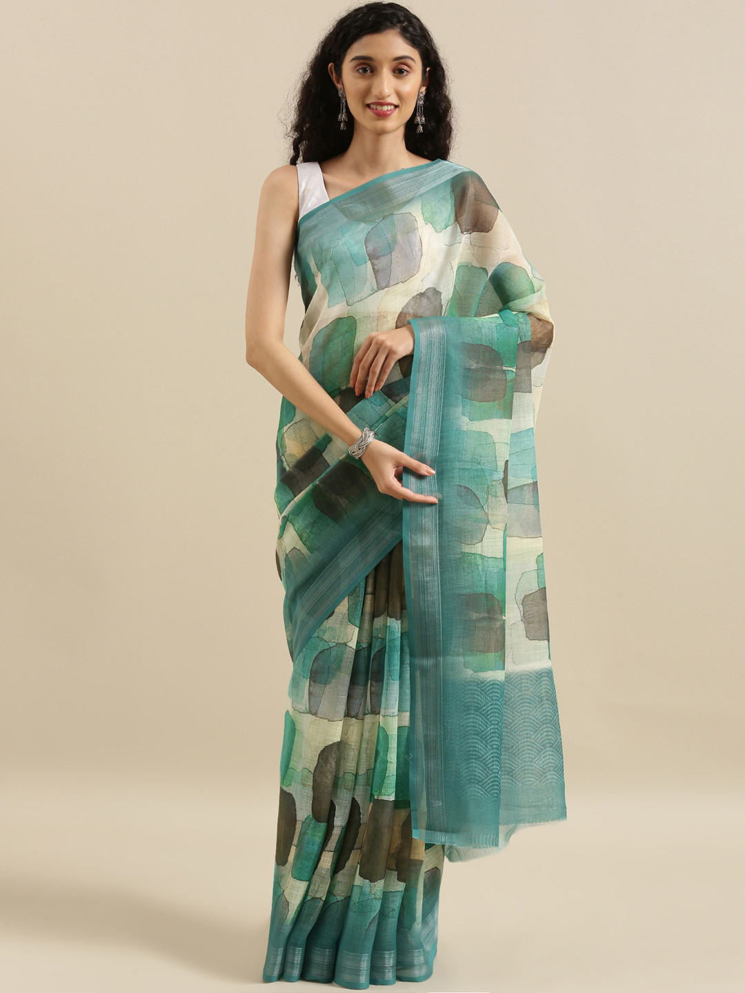 Buy The Chennai Silks Green Printed Linen Blend Saree Sarees for
