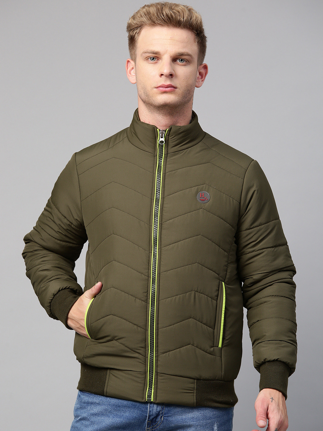 Buy Foreign Culture By Fort Collins Men Olive Green Solid Bomber Jacket