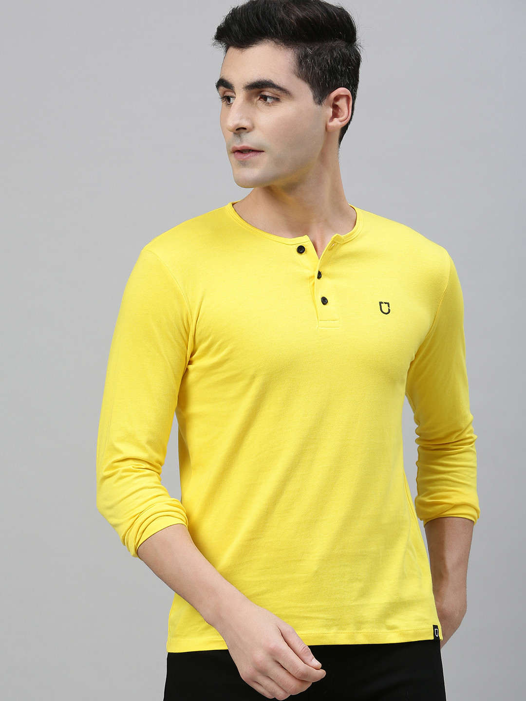 Buy Urbano Fashion Men Yellow Solid Henley Neck Pure Cotton T Shirt