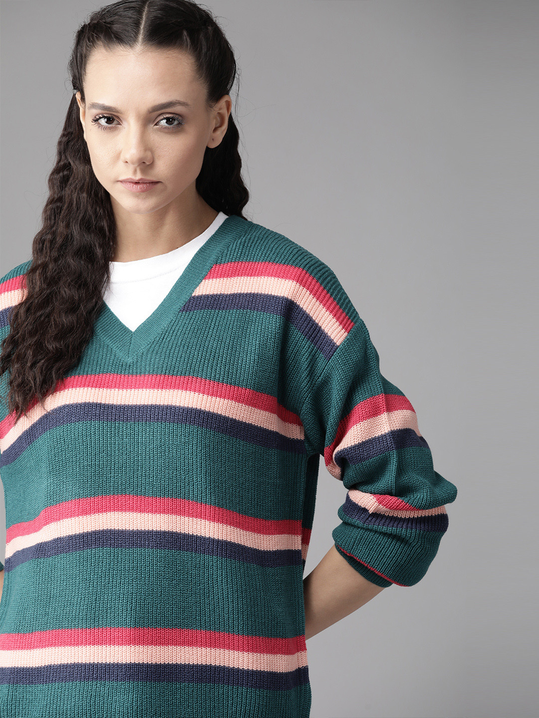 Buy Roadster Women Green & Pink Striped Pullover Acrylic Sweater